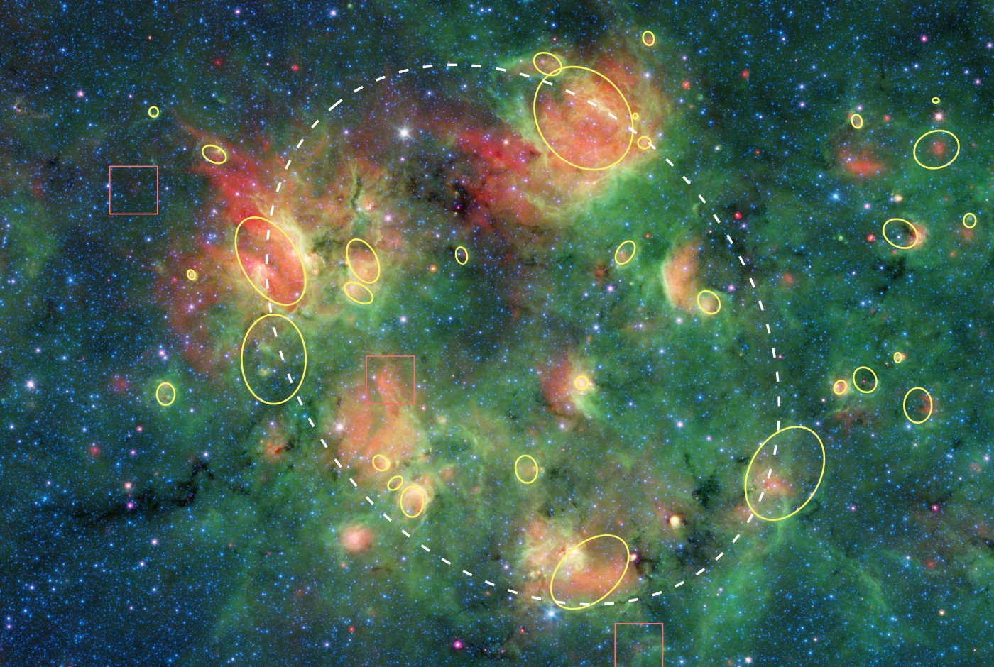 Yellow circles and ovals show the locations of more than 30 bubbles.