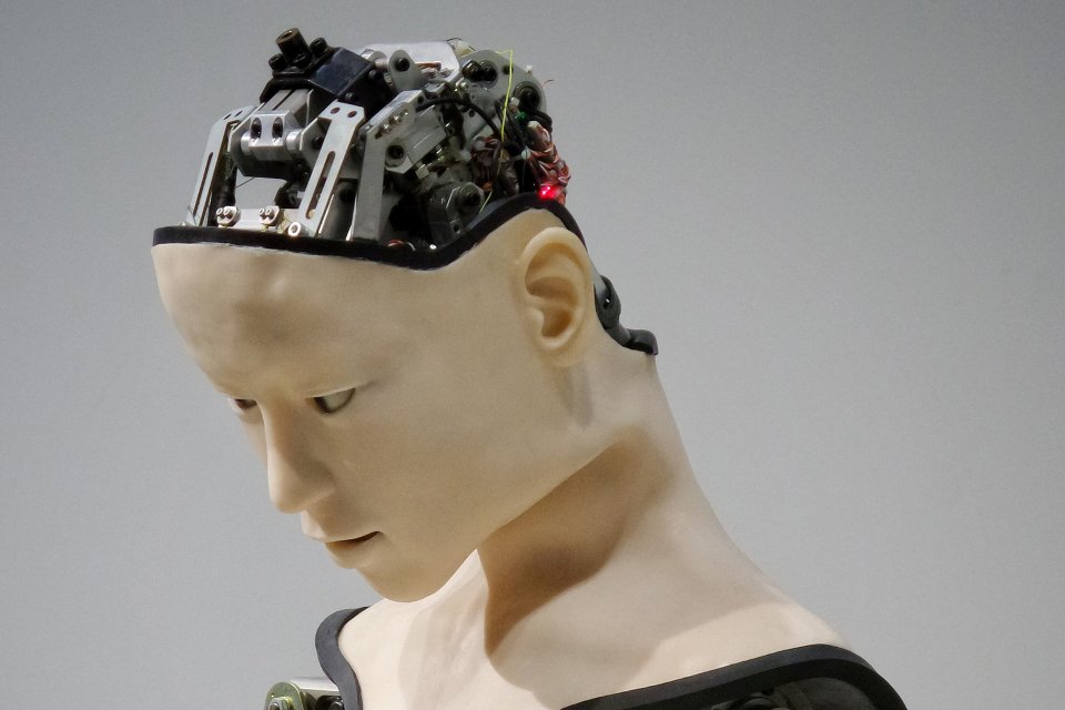 a robot with the electronic brain visible