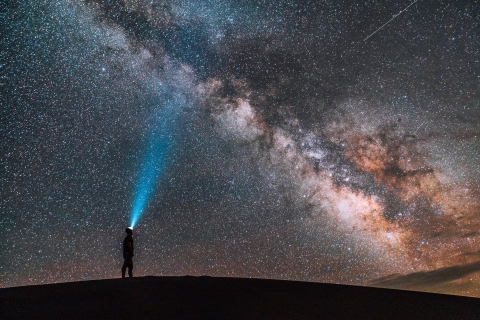 man with LED headlight looking upward